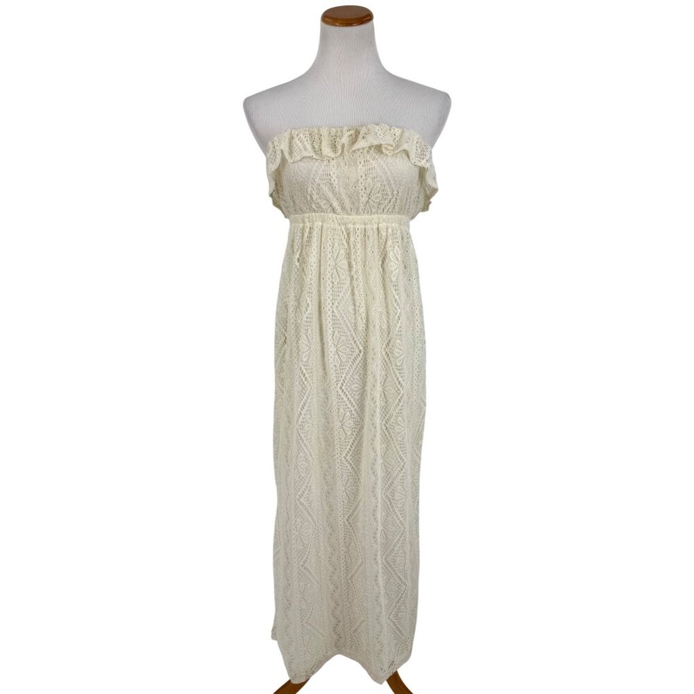Vtg F21 Cream Lace Ruffle Hem Strapless Maxi Dress | Y2K Coquette Coastal Boho S - Picture 2 of 16